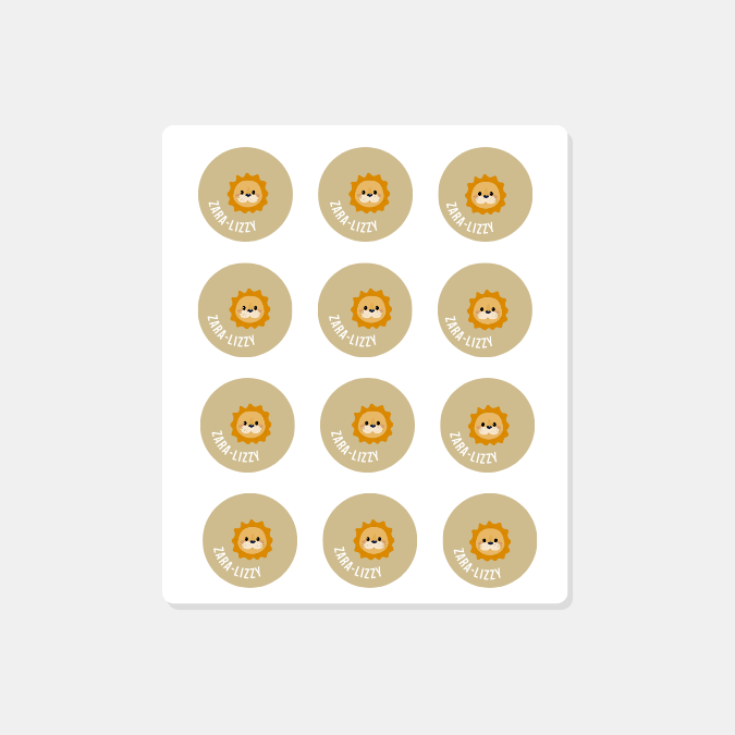 Kind naam sticker leeuw rond | Set van 12